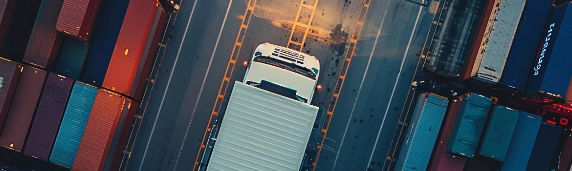 Truck driving through shipping containers